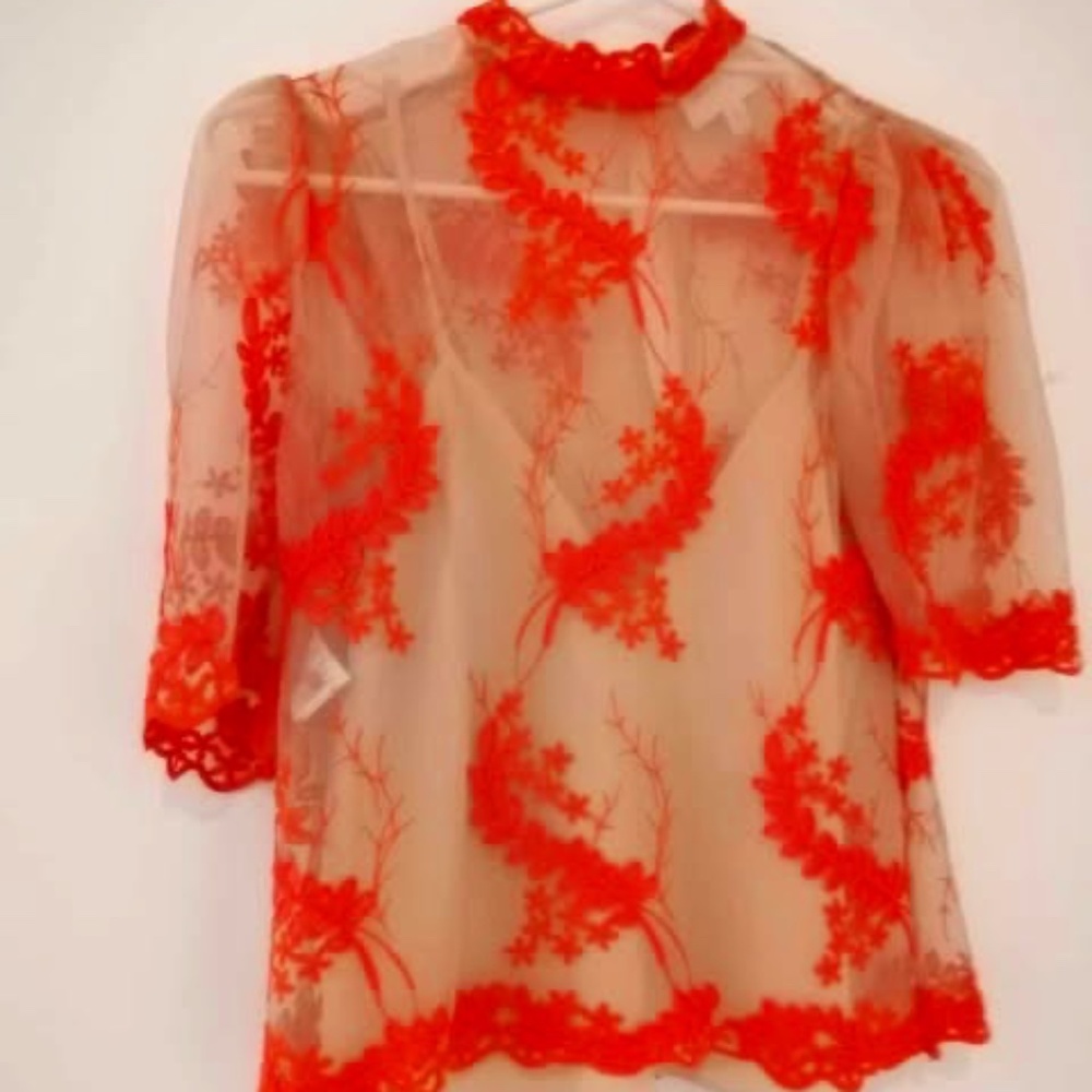 Alice McCall Honeymoon lace nude sheer overlay top in Orange